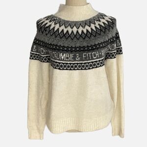 Abercrombie & Fitch‎ Sweater Women's Medium Cream Gray Fair Isle Mock Neck Logo